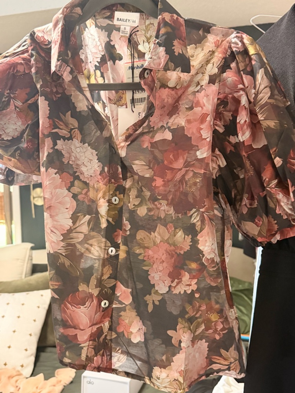 Bailey 44 Floral Sheer Button-Up Blouse in Pink and Black